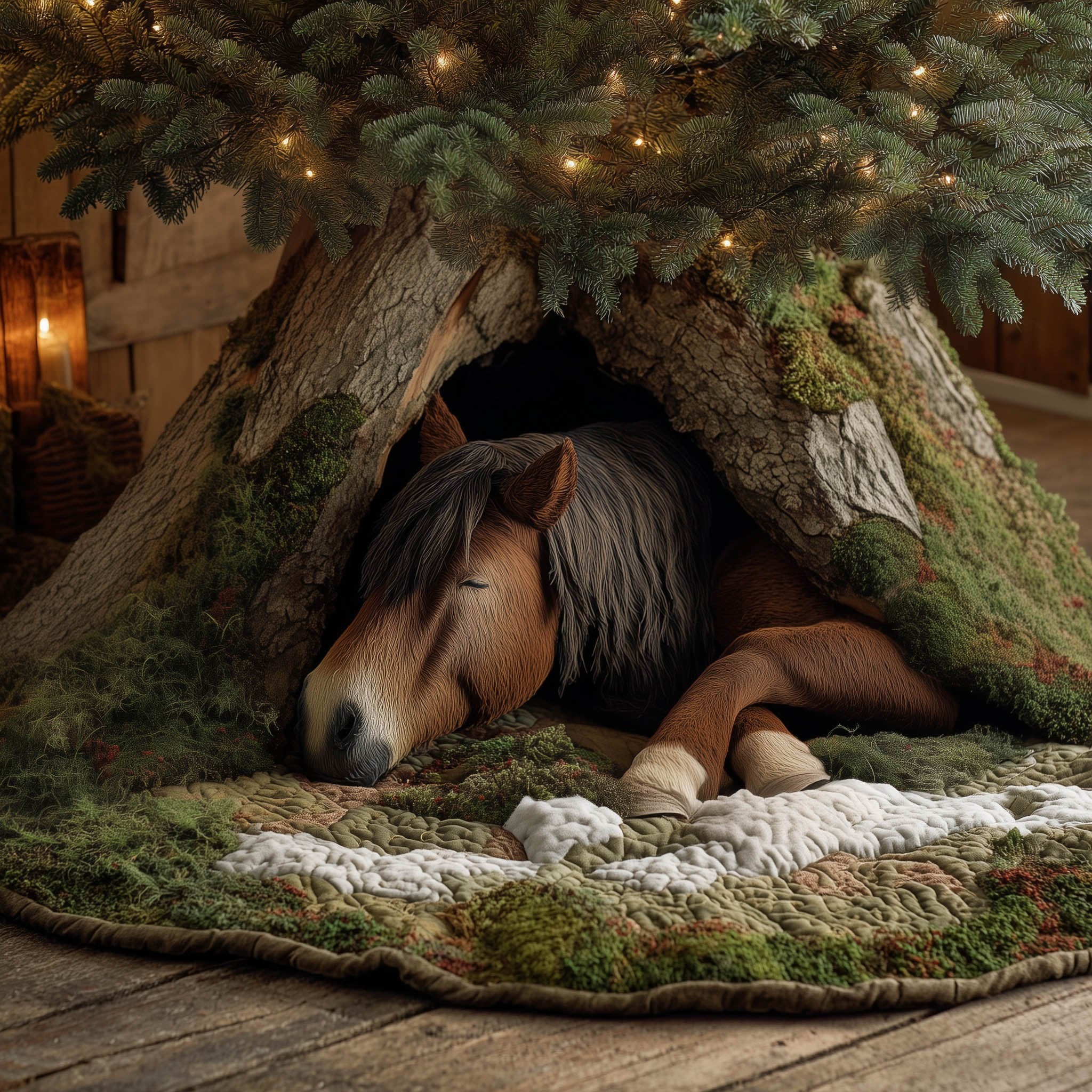 Horse Asleep in the Tree Hollow Christmas Tree Skirt
