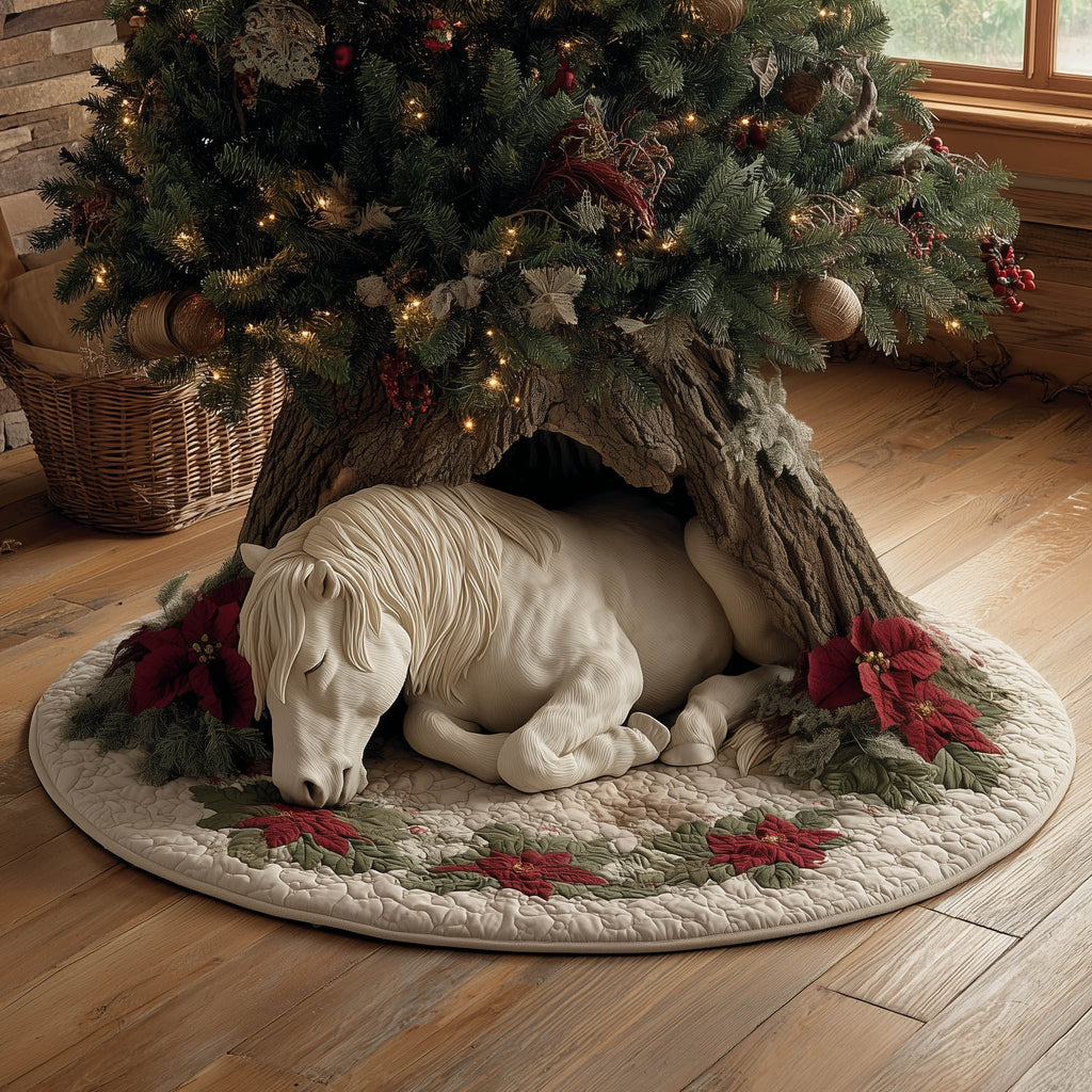 White Horse with Red Poinsettias Christmas Tree Skirt