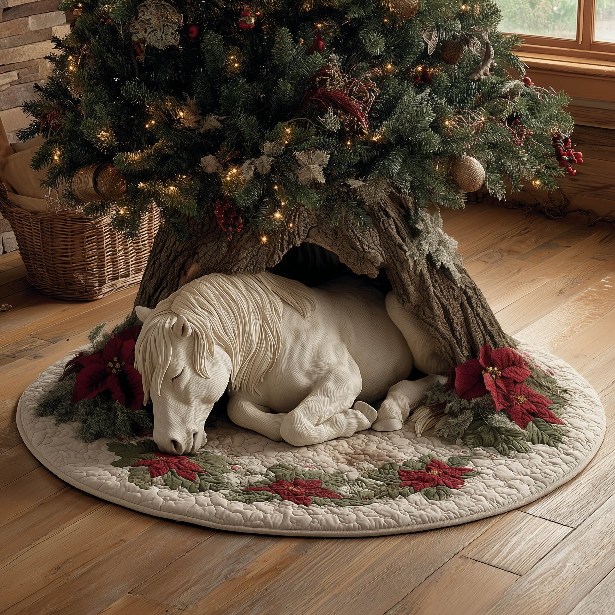 White Horse with Red Poinsettias Christmas Tree Skirt