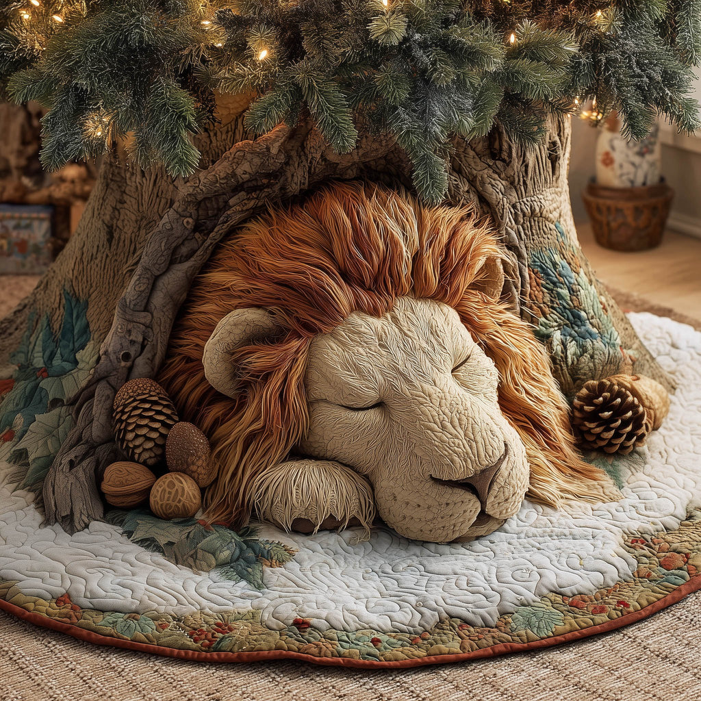 Sleeping Lion on White Quilt Christmas Tree Skirt