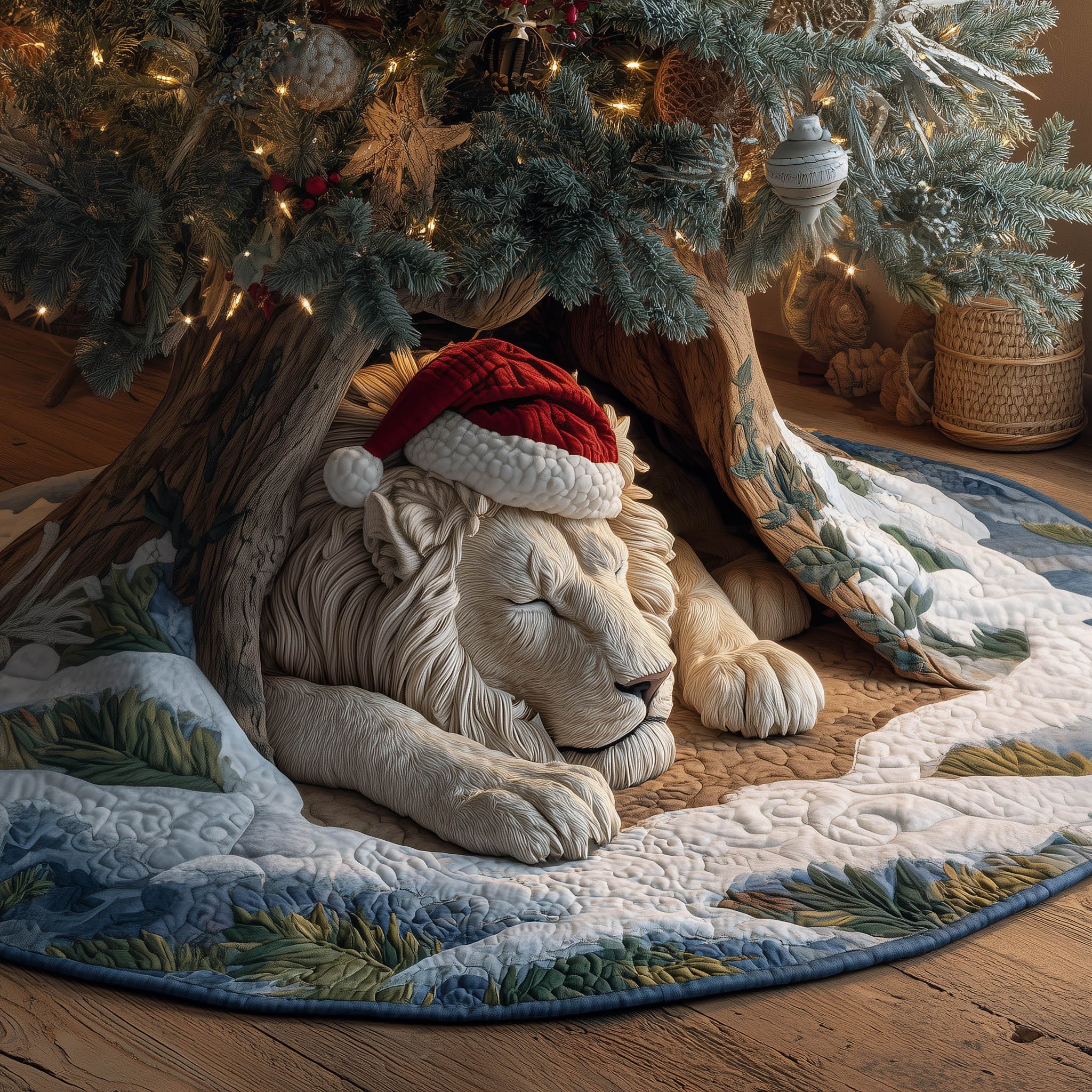 Lion in a Santa Hat Christmas Tree Skirt
