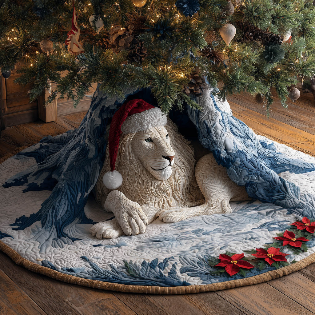 White Lion in a Santa Hat Christmas Tree Skirt