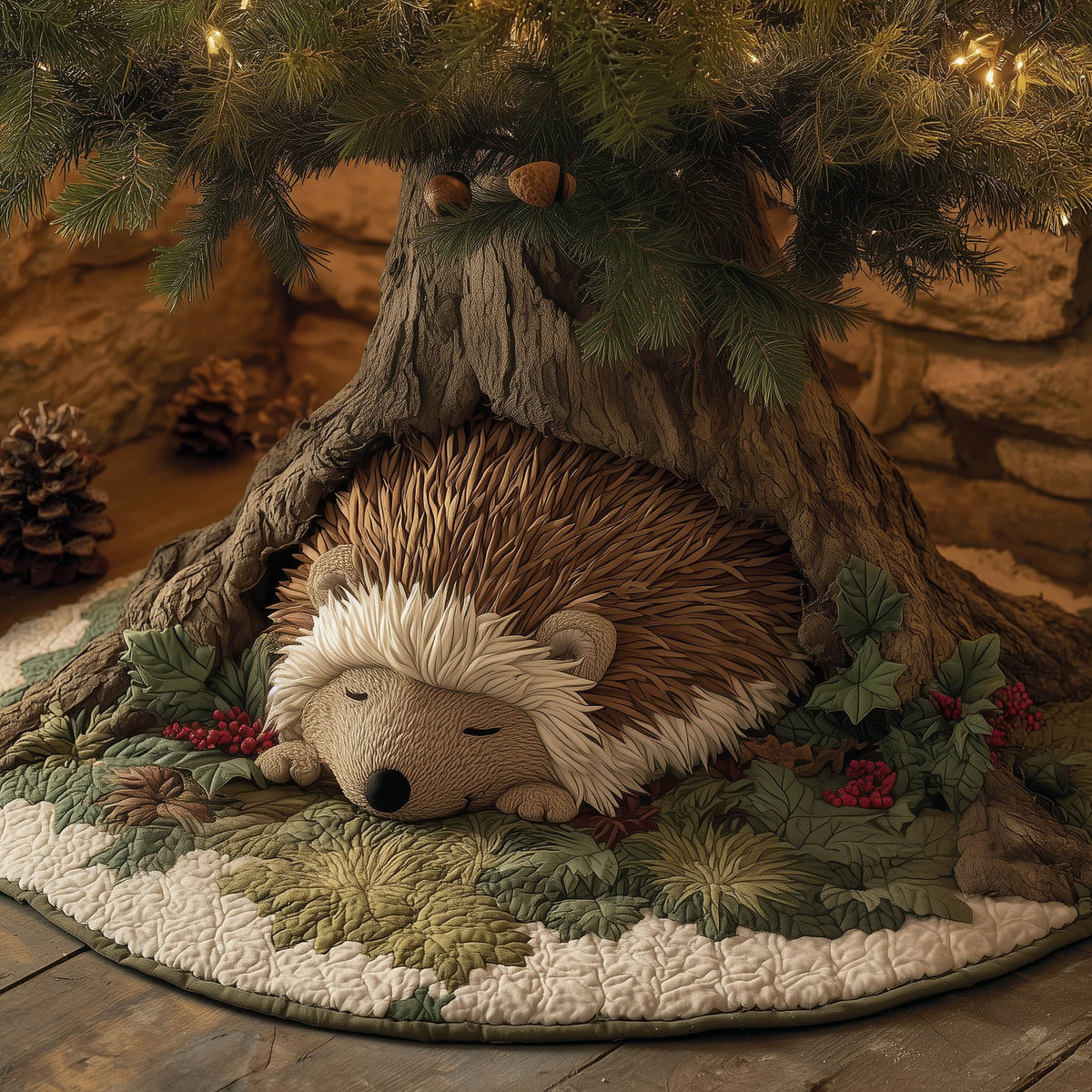 Sleeping Hedgehog on Green Moss Christmas Tree Skirt
