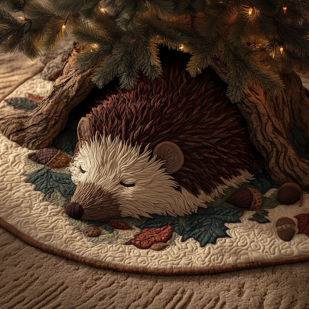 Hedgehog Curled on Autumn Leaves Christmas Tree Skirt