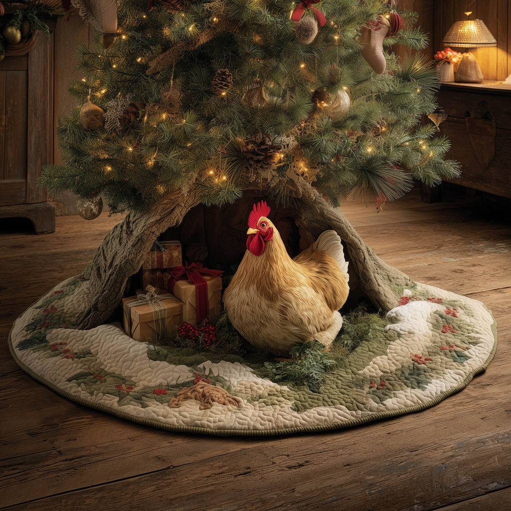 Hen with Gifts in the Log Christmas Tree Skirt