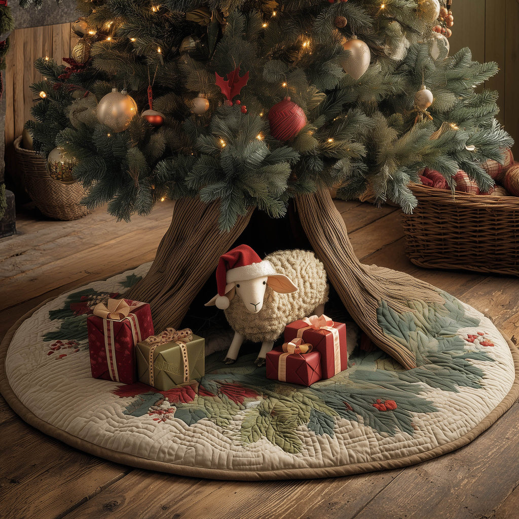 Lamb with Gifts in the Log Christmas Tree Skirt