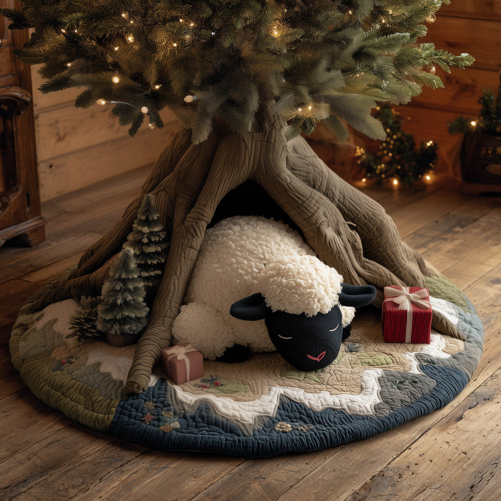 Sheep and Black Lamb in the Den Christmas Tree Skirt