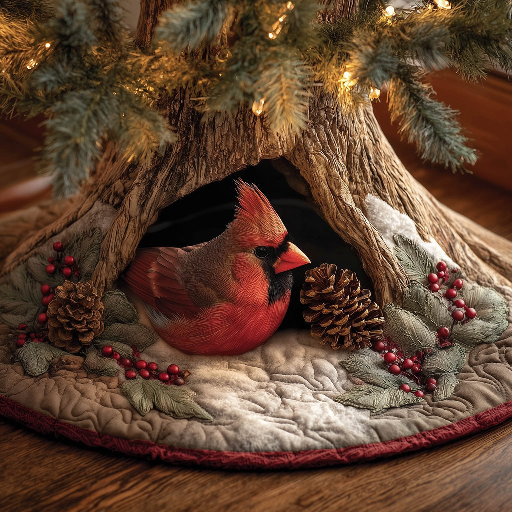 Cardinal with Pinecones in a Log Christmas Tree Skirt