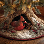 Cardinal with Pinecones in a Log Christmas Tree Skirt