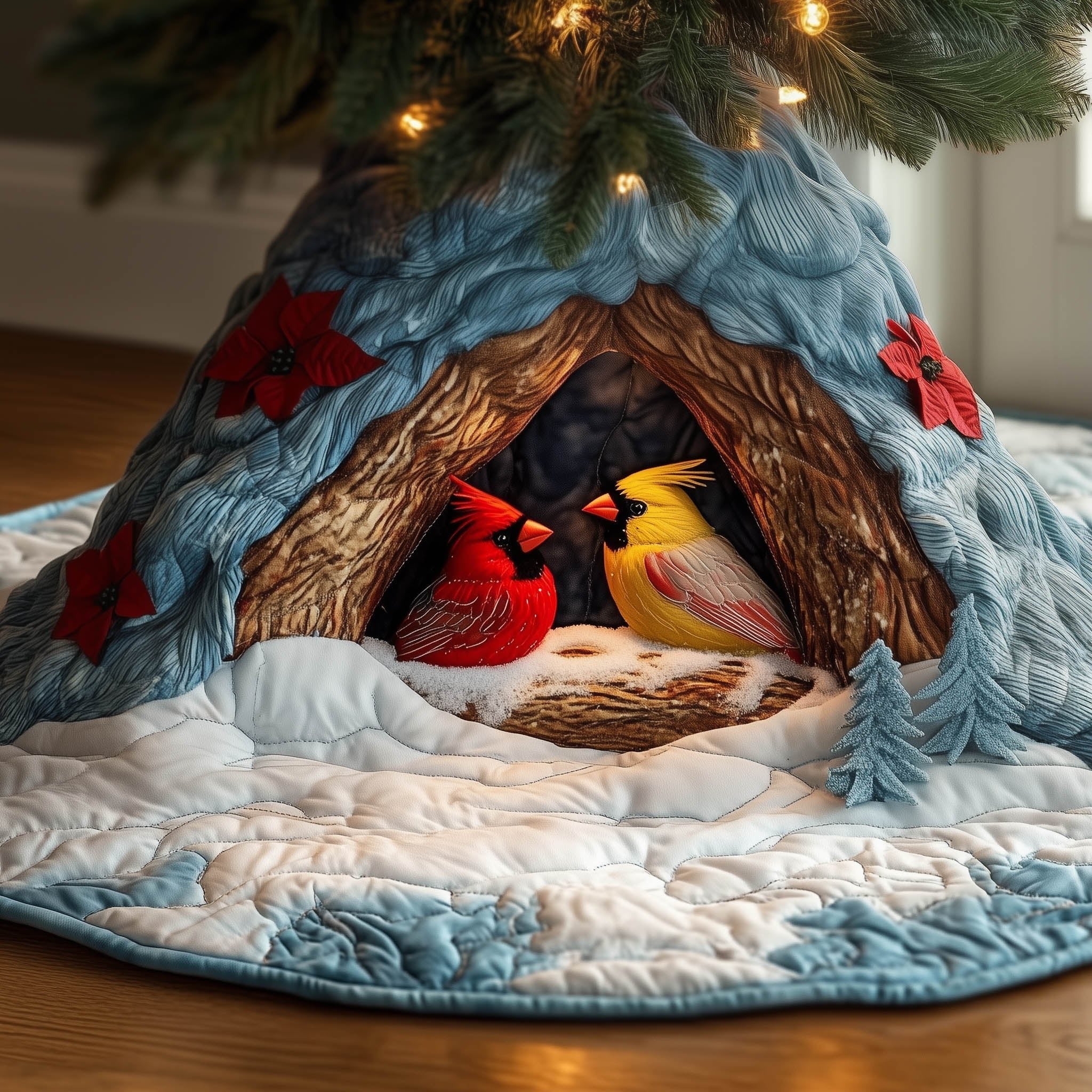 Cardinals in the Wooden Birdhouse Christmas Tree Skirt