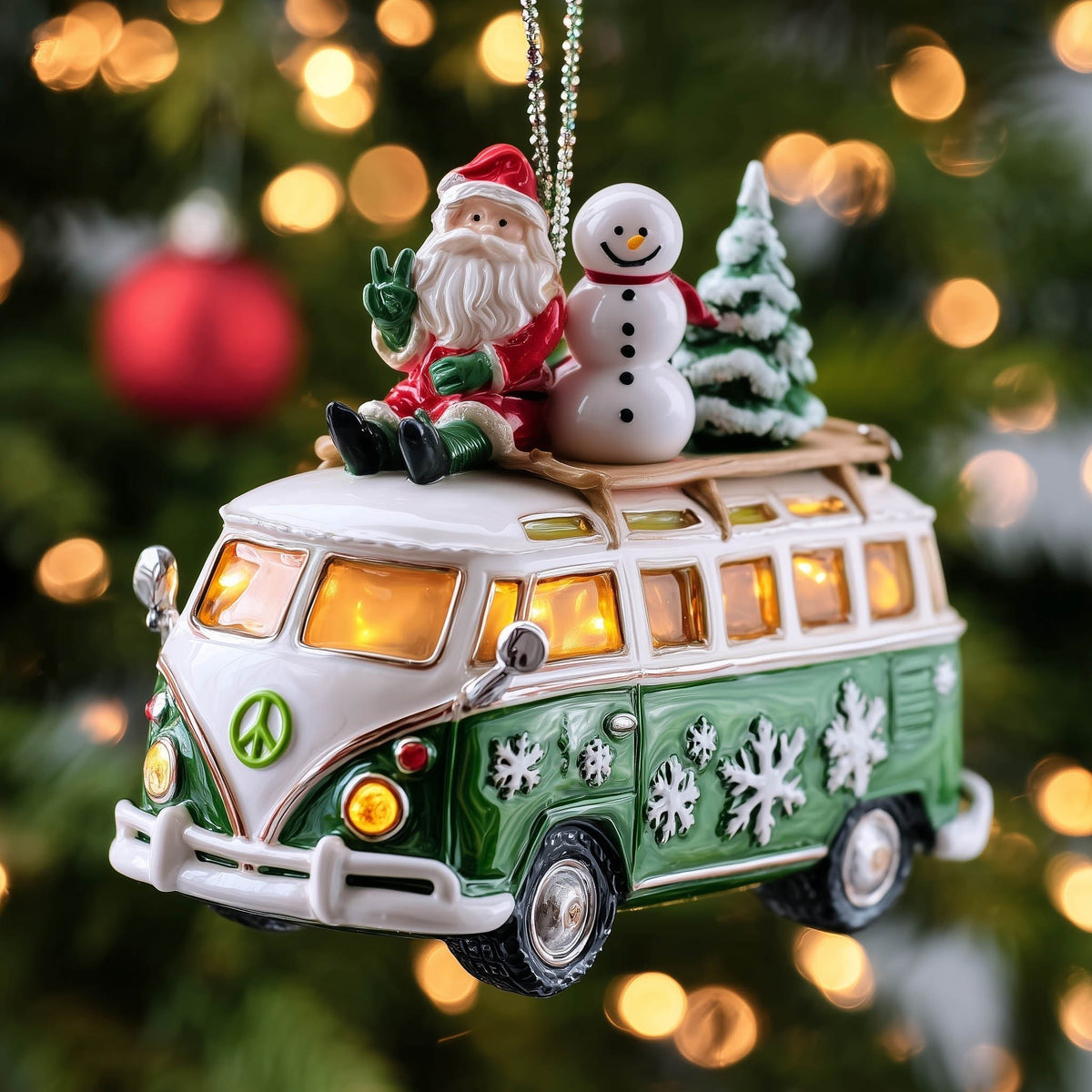 Green Camper Van with Santa and Snowman Christmas Ornament