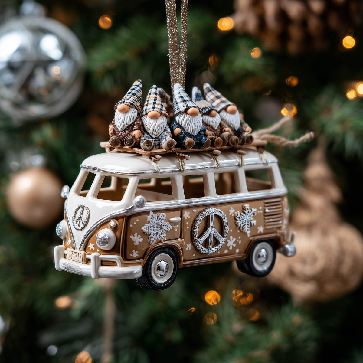 Camper Van with Three Gnomes Christmas Ornament