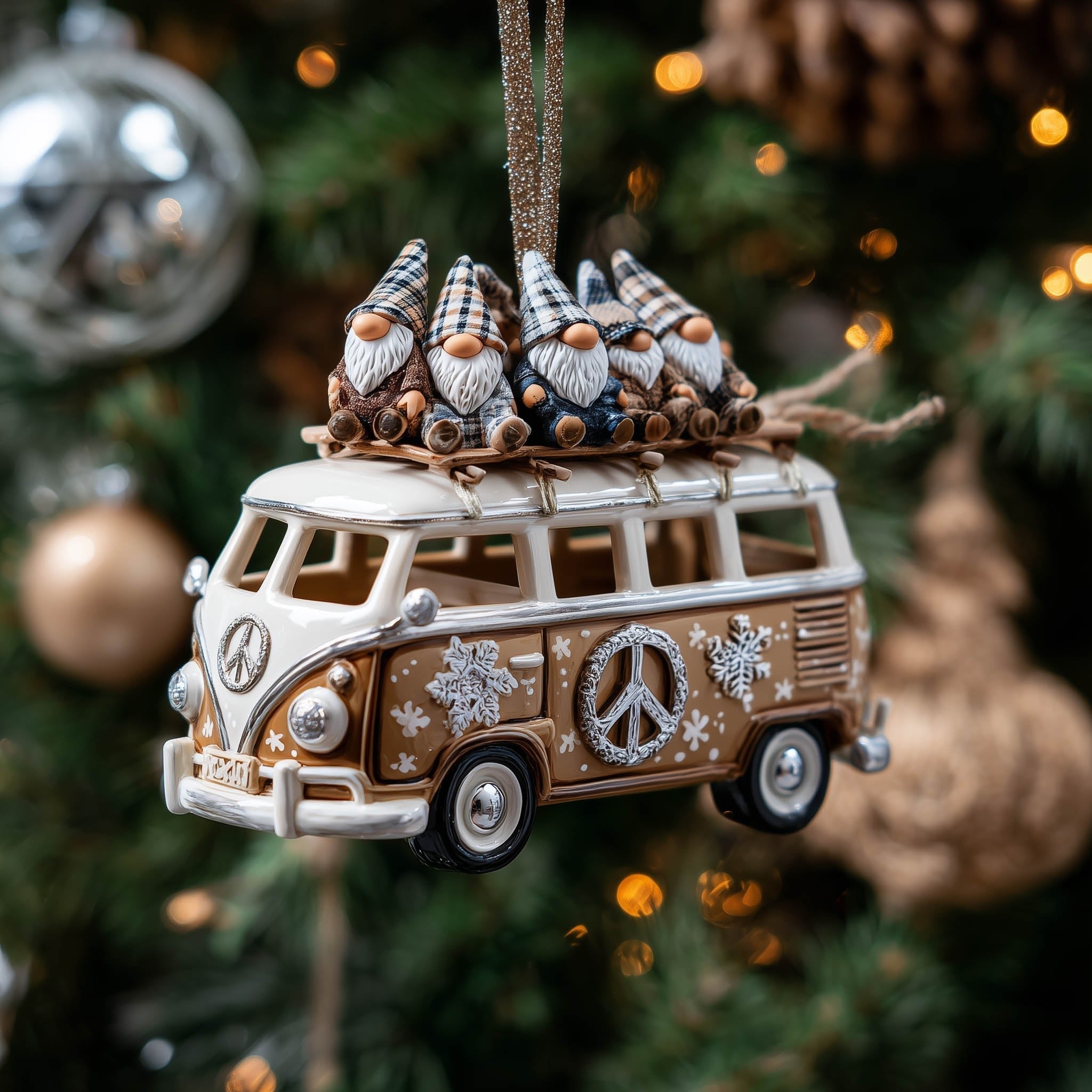 Camper Van with Three Gnomes Christmas Ornament