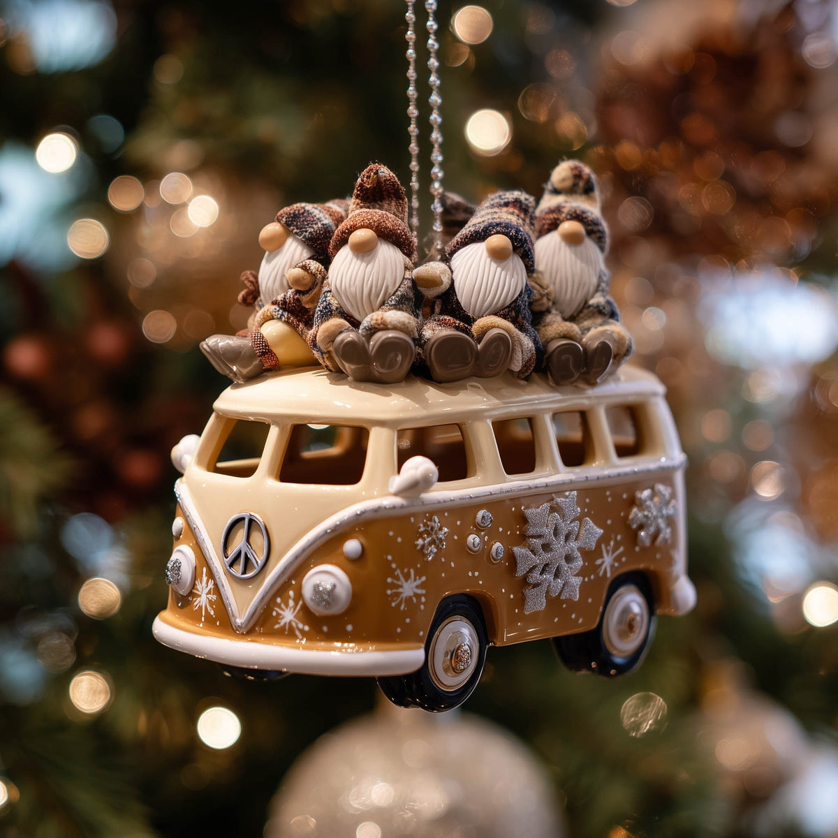 Golden Camper Van with Gnomes Christmas Ornament