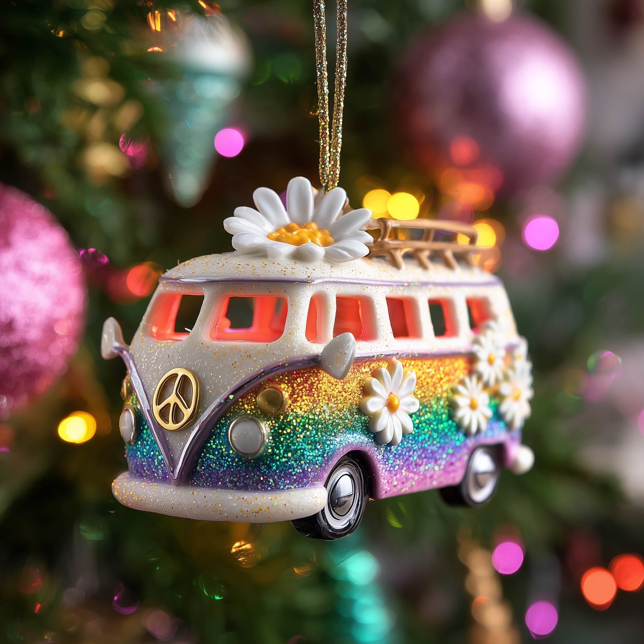 Rainbow Daisy Hippie Van Christmas Ornament