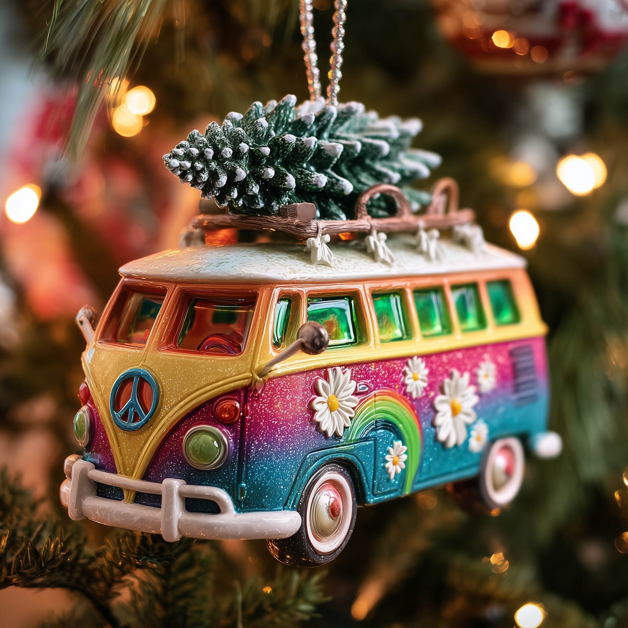 Rainbow Camper with a Tree on Top Christmas Ornament