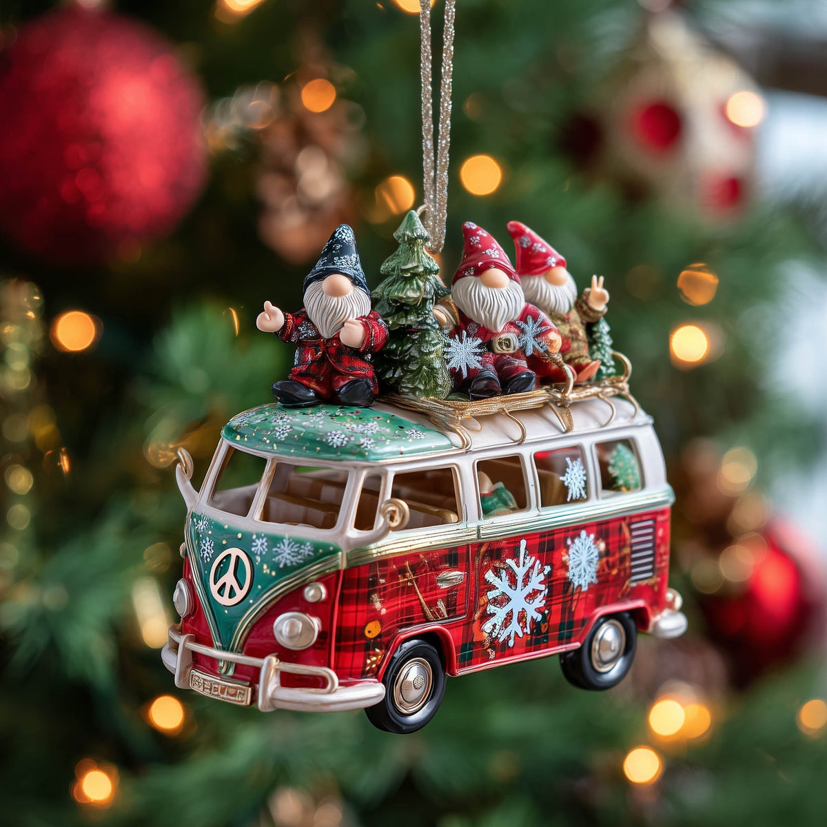 Gnomes on a Red Camper Van Christmas Ornament