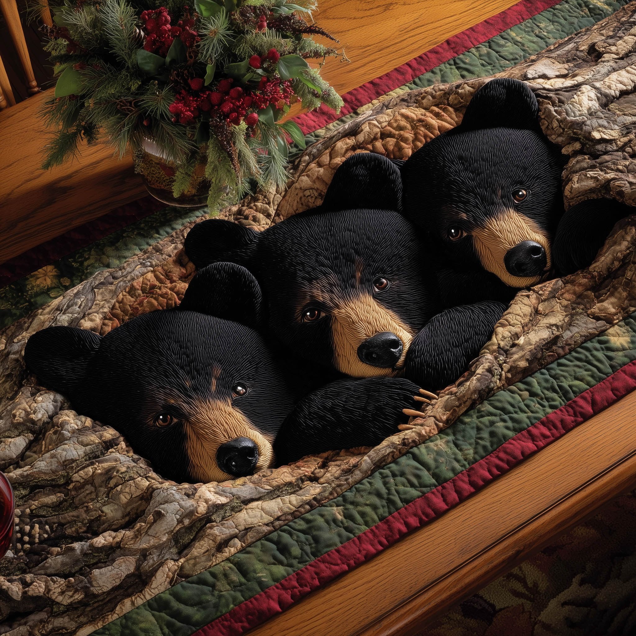 Black Bears Resting in Hollow Log Table Runner
