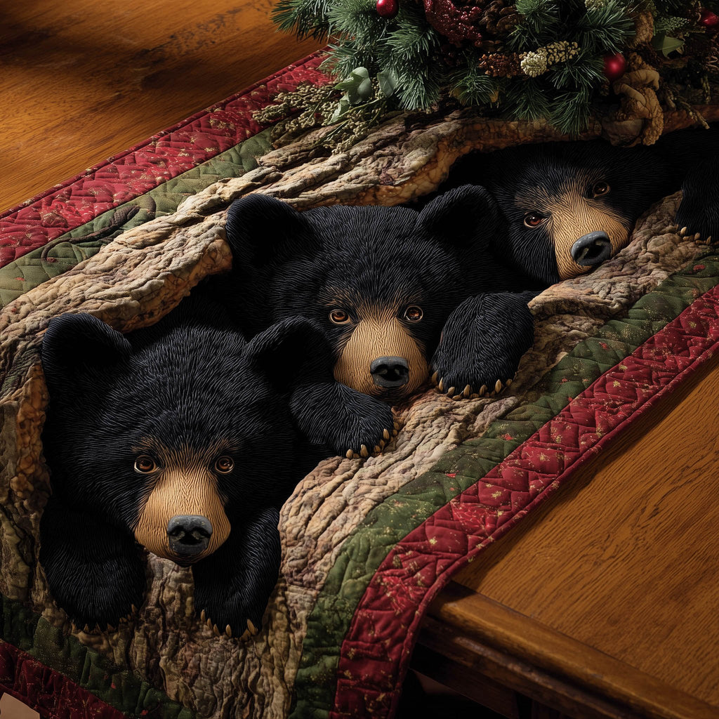 Black Bear Cubs Peeking Out Table Runner