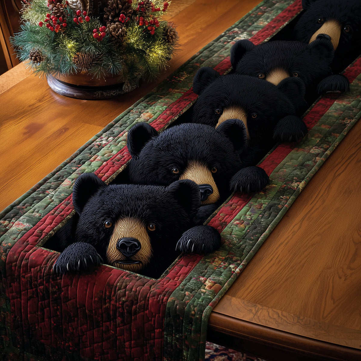 Black Bears on Green Red Border Table Runner