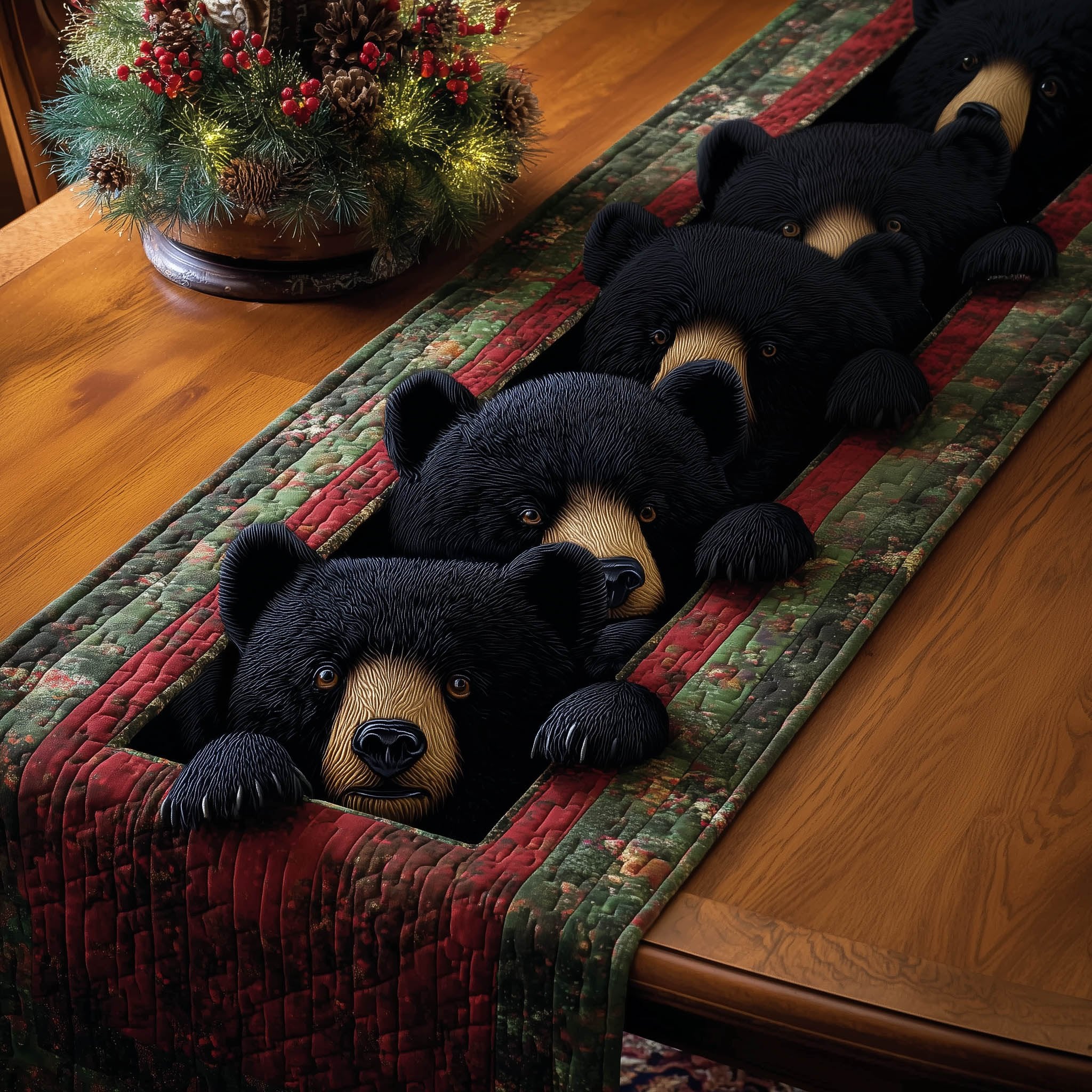 Black Bears on Green Red Border Table Runner