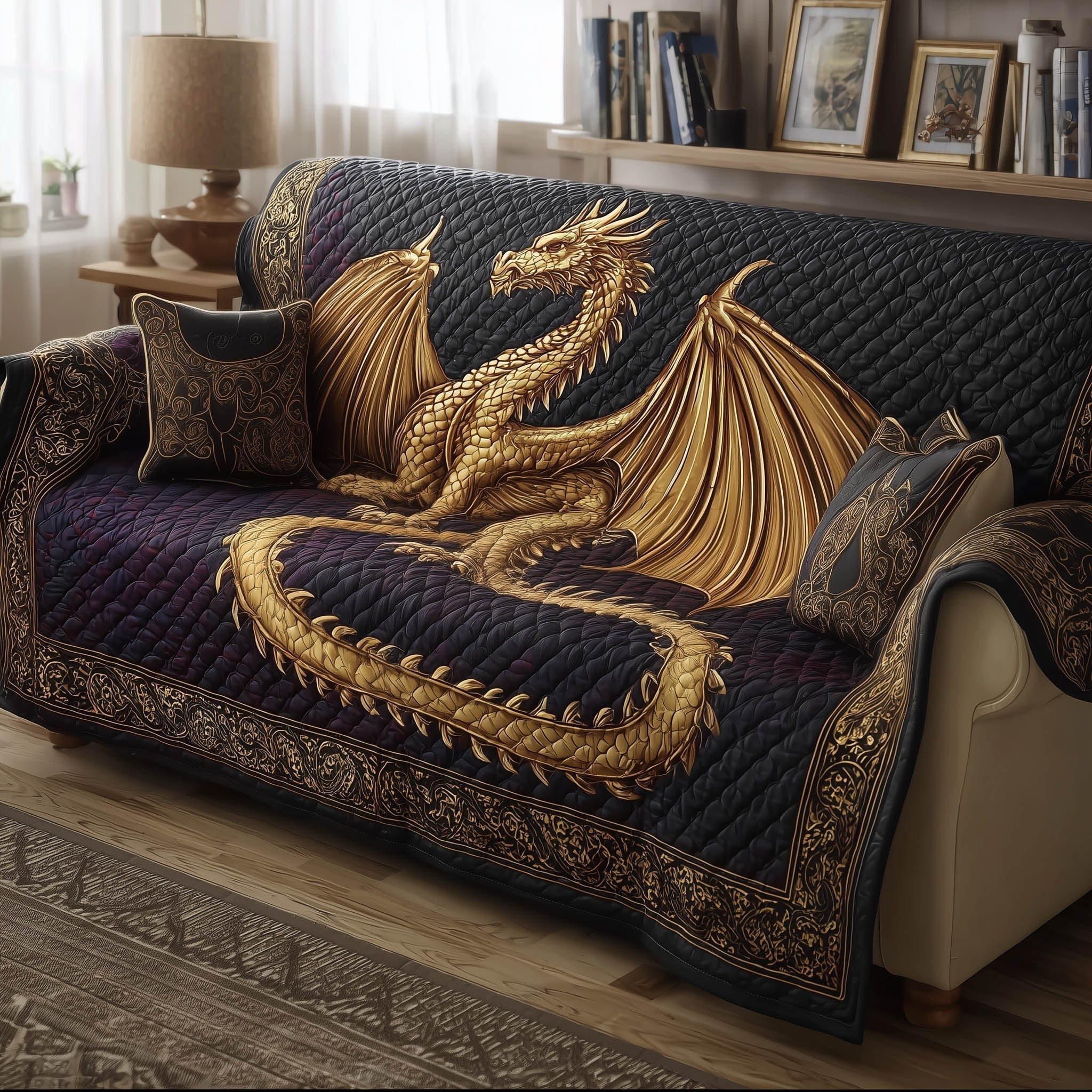 Gold Dragon on Ornate Navy Sofa Cover