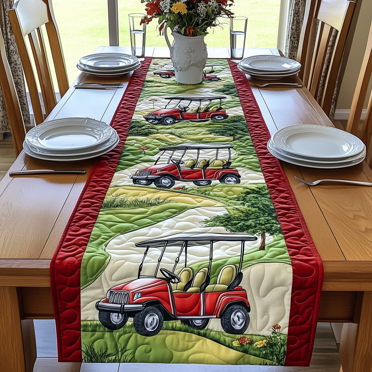 Red Golf Cart on Cart Path Table Runner