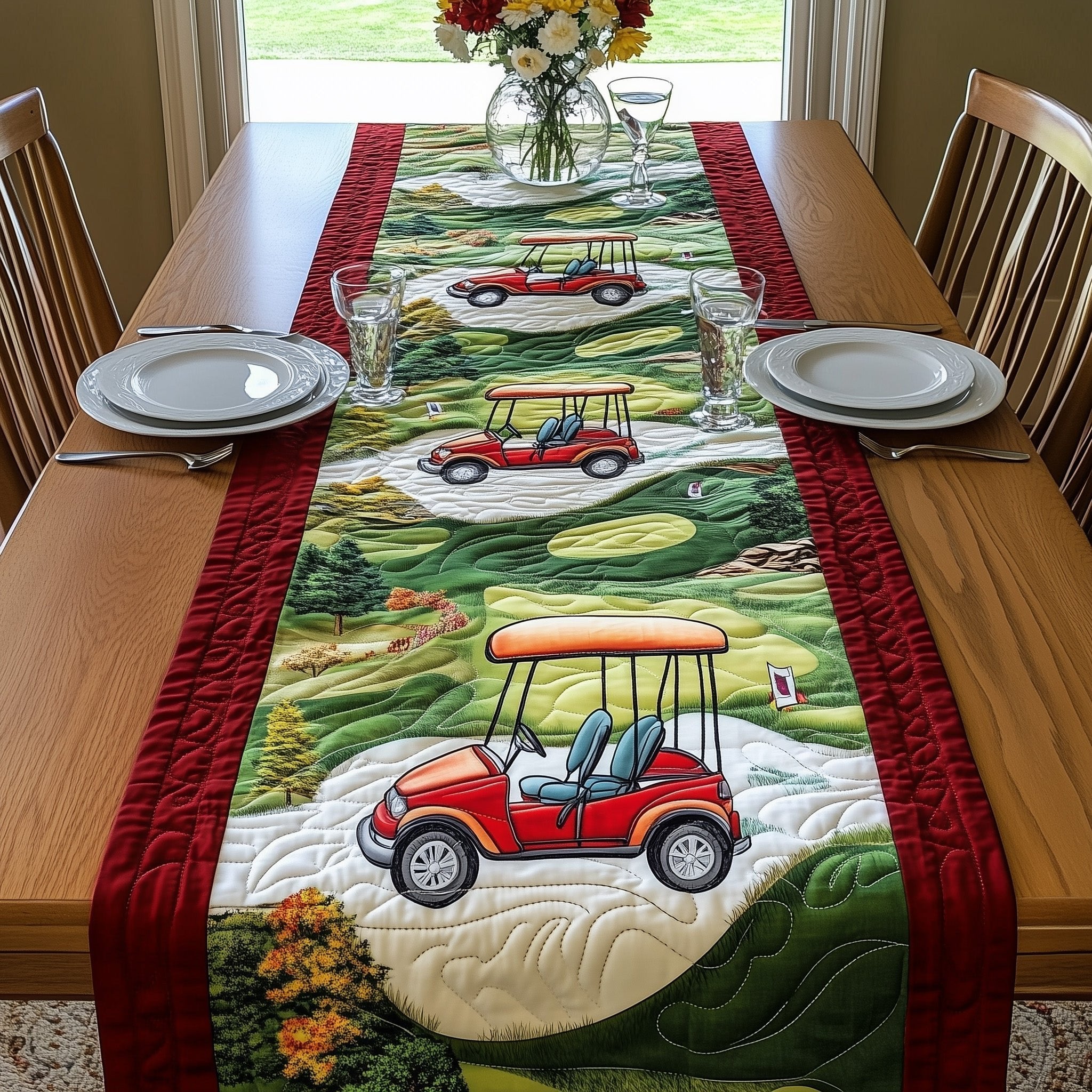 Red Cart Beside Golf Green Table Runner
