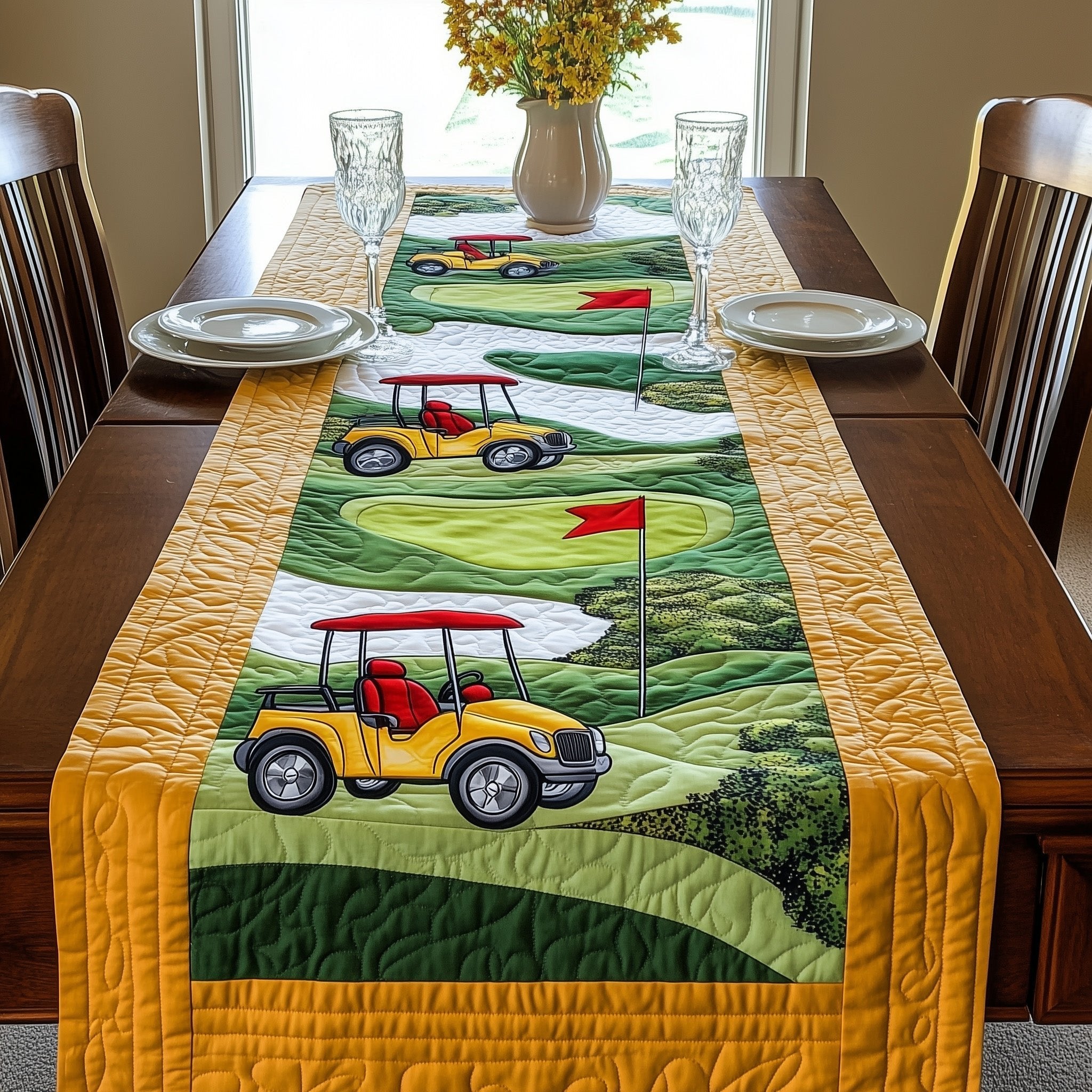 Yellow Golf Cart on Yellow Border Table Runner