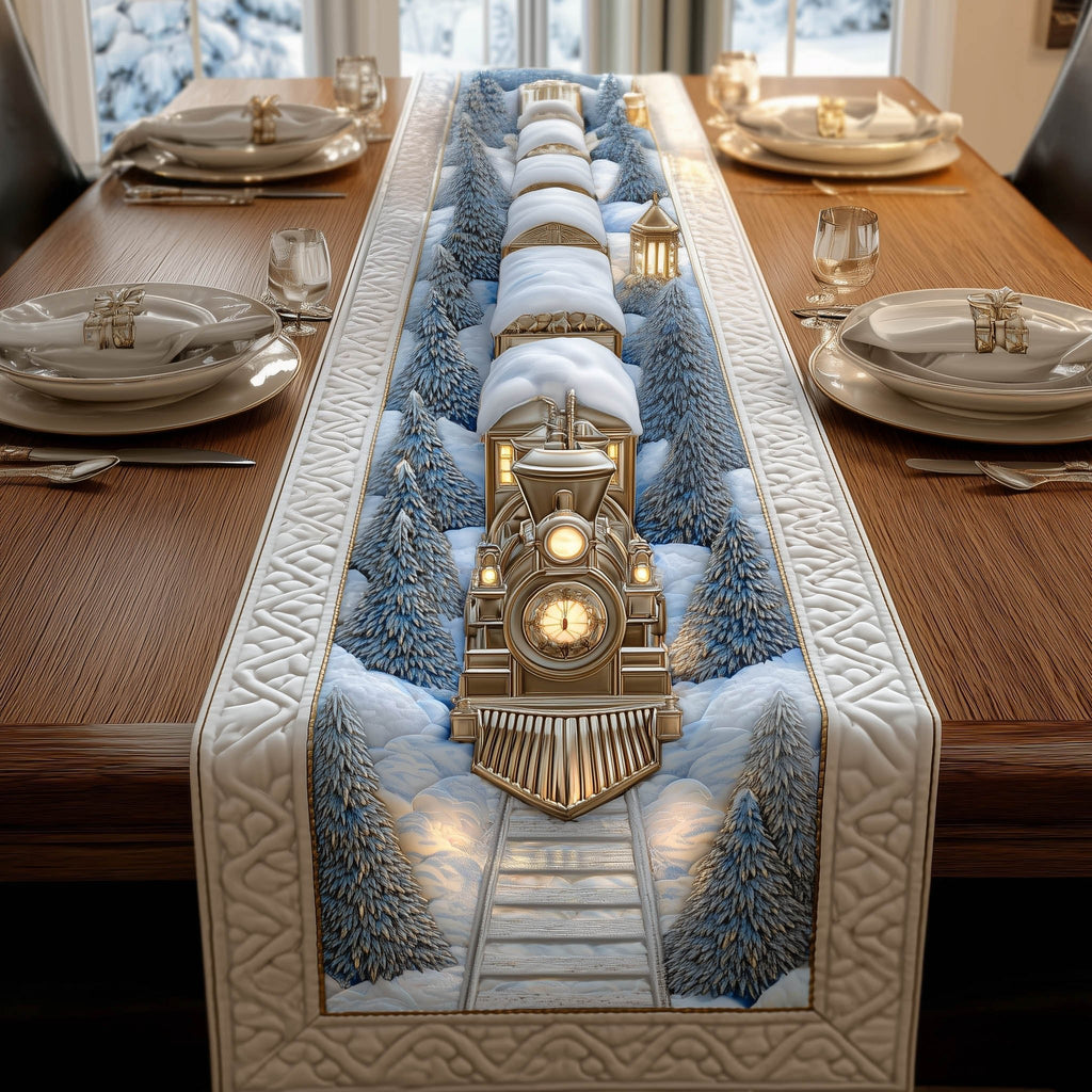 Locomotive Facing Down Snowy Rails Table Runner