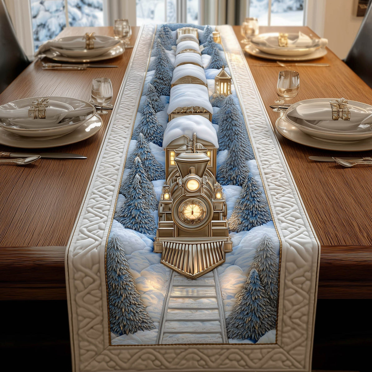 Locomotive Facing Down Snowy Rails Table Runner