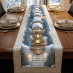 Locomotive Facing Down Snowy Rails Table Runner