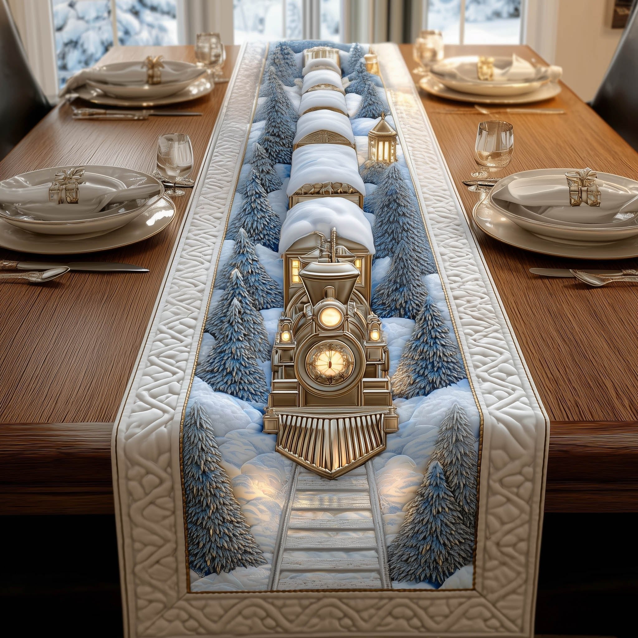 Locomotive Facing Down Snowy Rails Table Runner