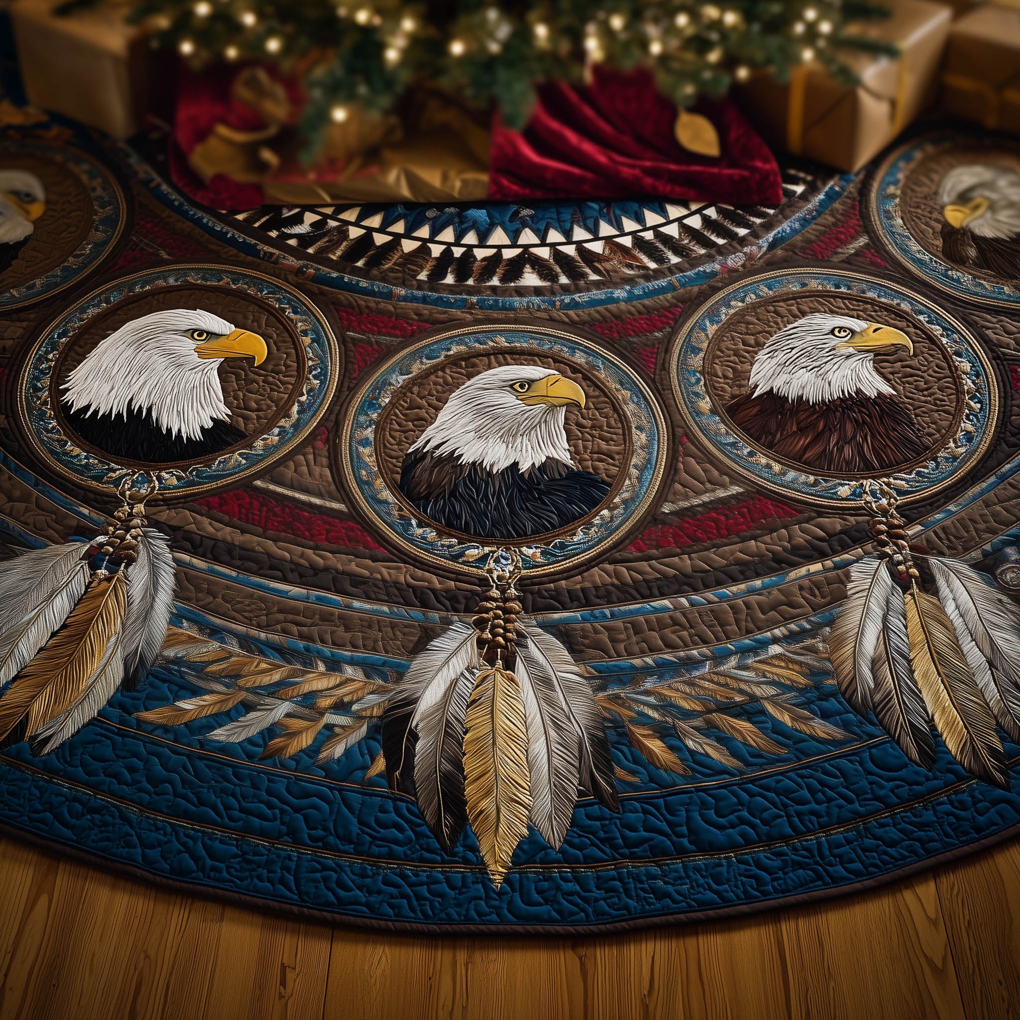 Bald Eagles in Feathered Medallions Christmas Tree Skirt