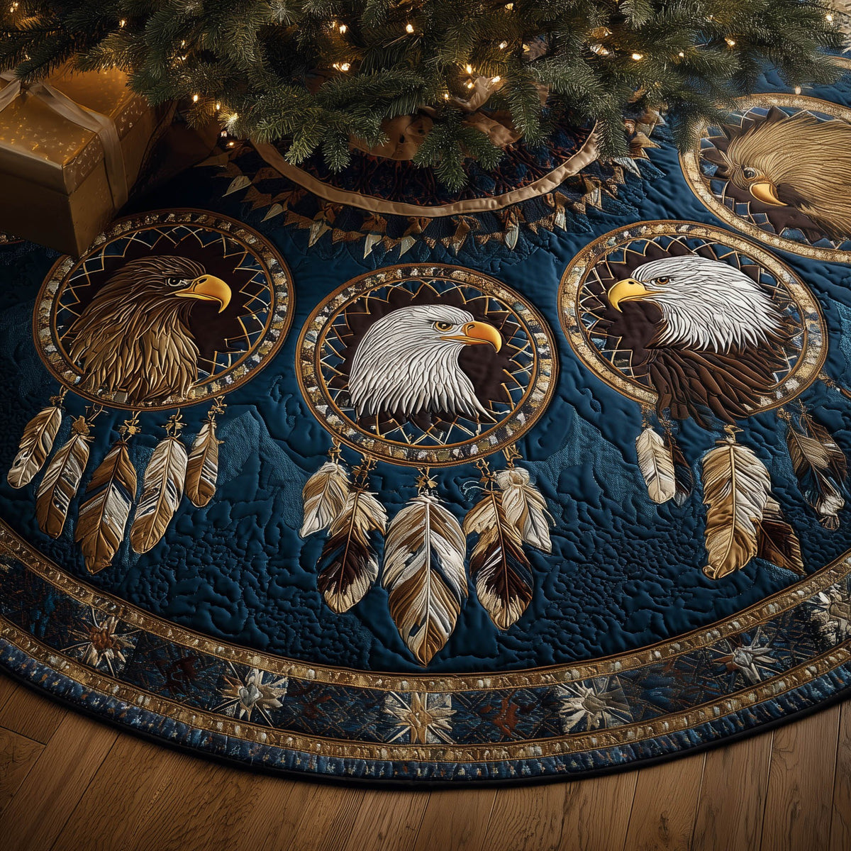 Eagle Heads on Deep Blue with Feathers Christmas Tree Skirt