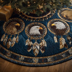 Eagle Heads on Deep Blue with Feathers Christmas Tree Skirt