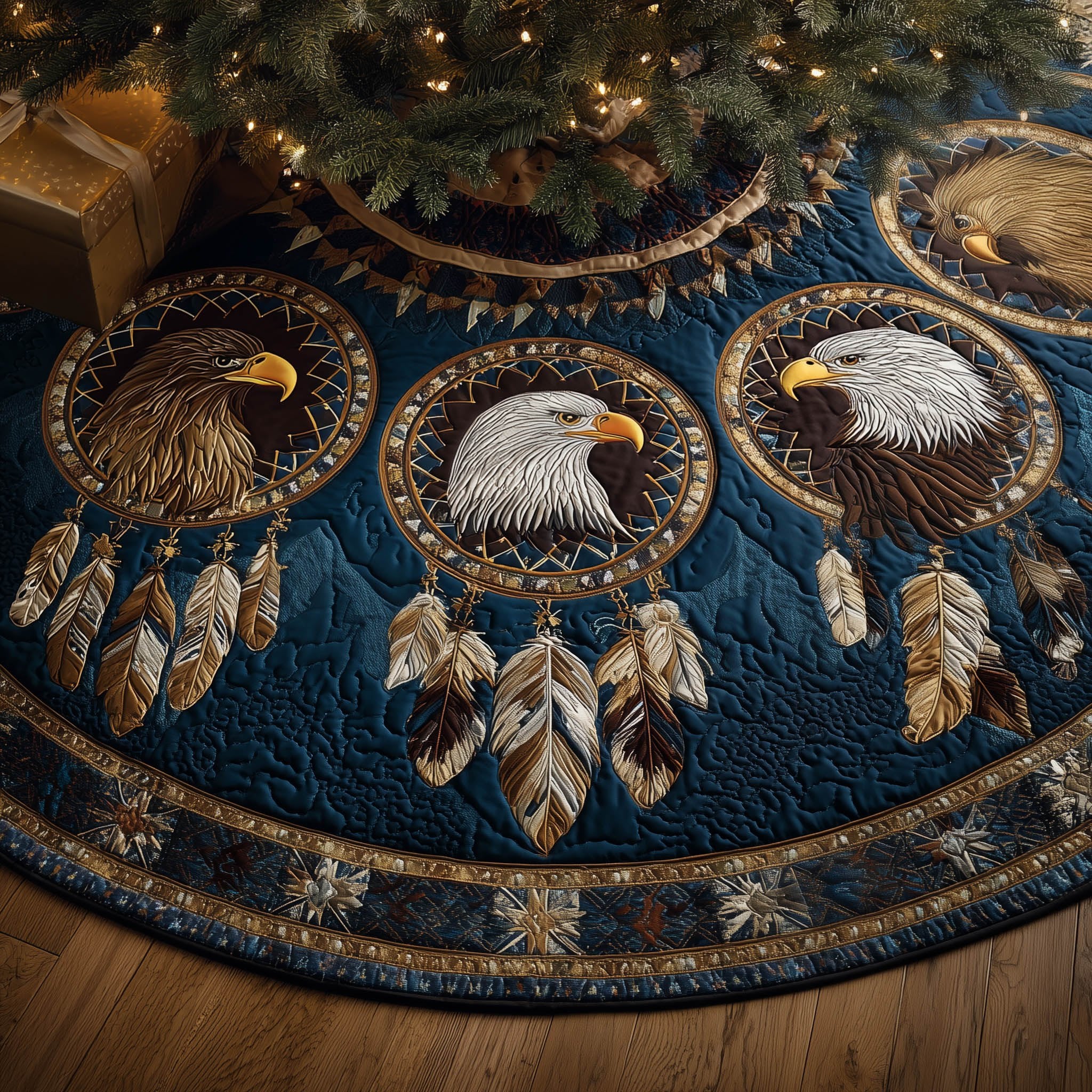 Eagle Heads on Deep Blue with Feathers Christmas Tree Skirt