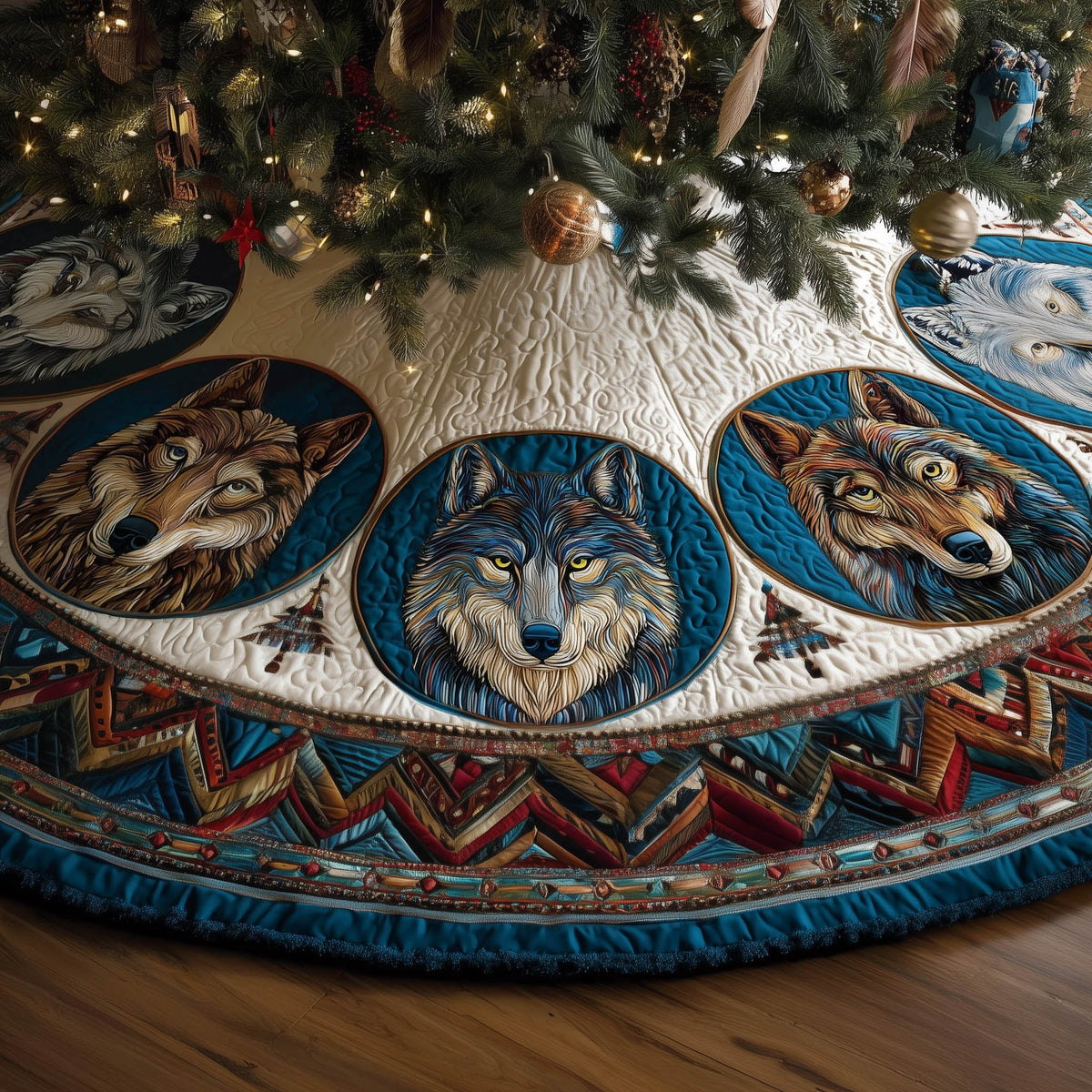 Wolf Medallions with Aztec Border Christmas Tree Skirt