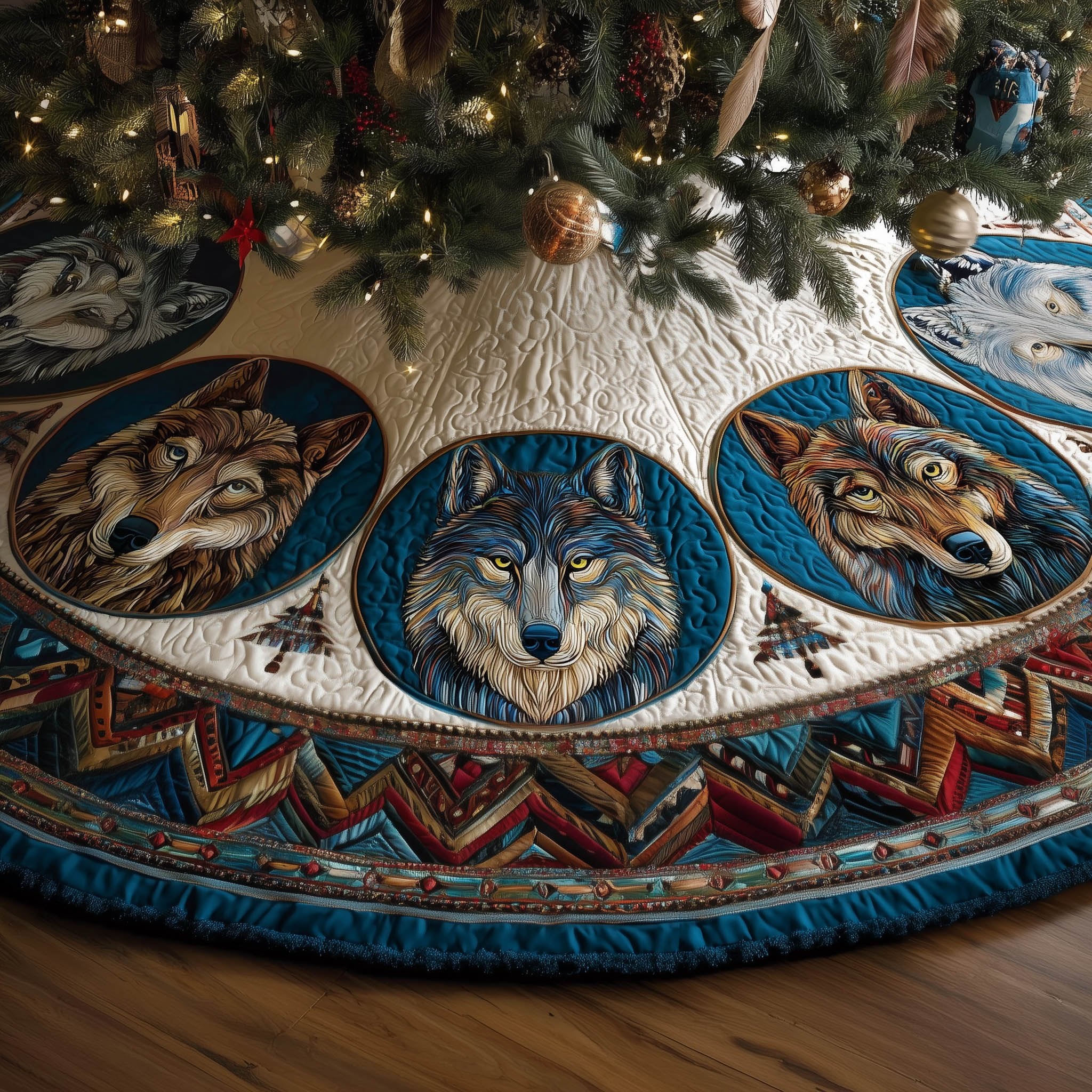 Wolf Medallions with Aztec Border Christmas Tree Skirt
