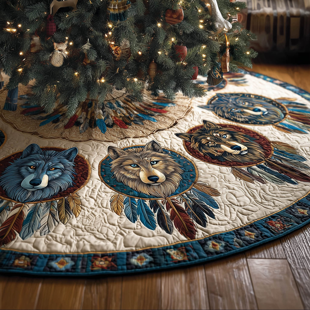 Wolves in Dreamcatchers on Blue Band Christmas Tree Skirt