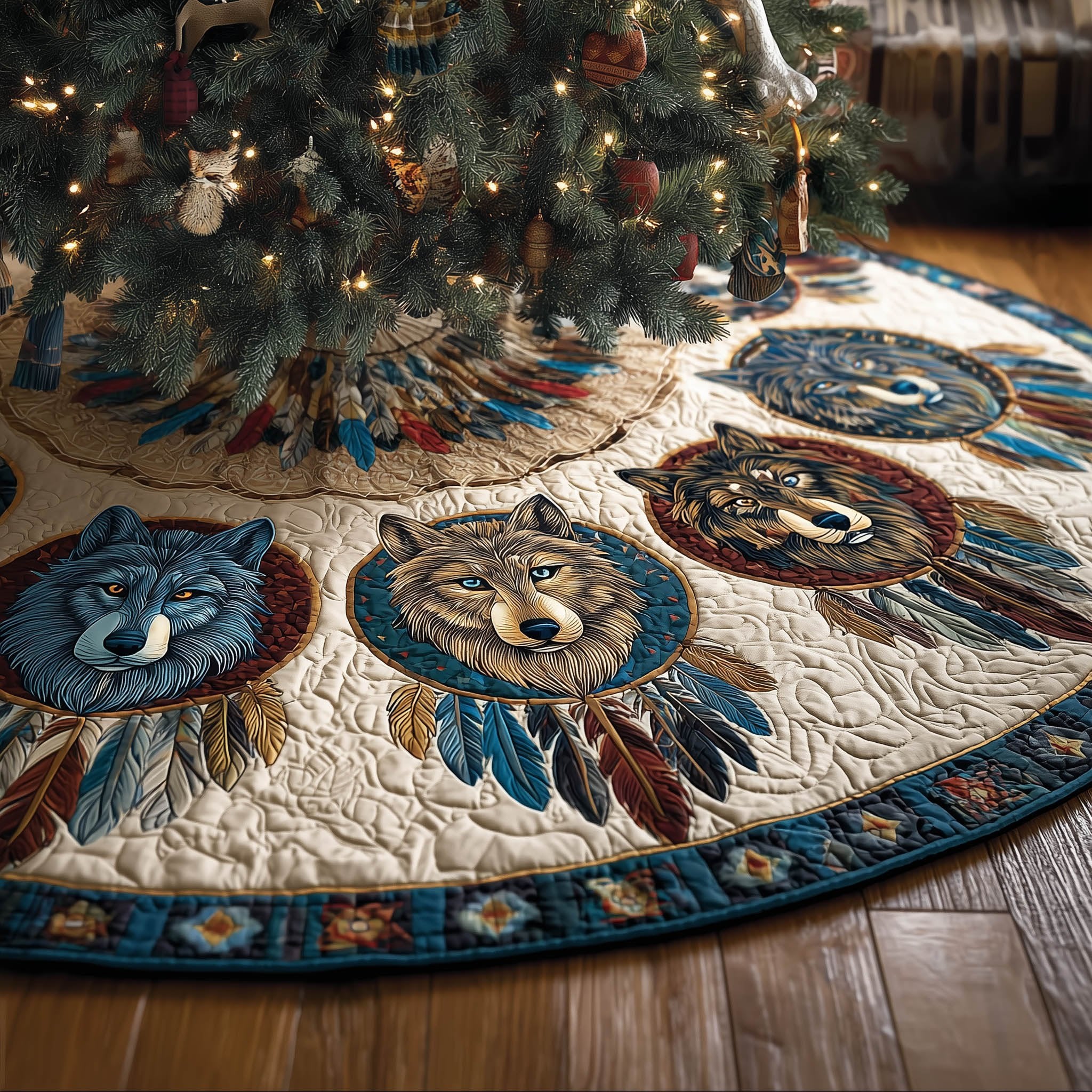 Wolves in Dreamcatchers on Blue Band Christmas Tree Skirt