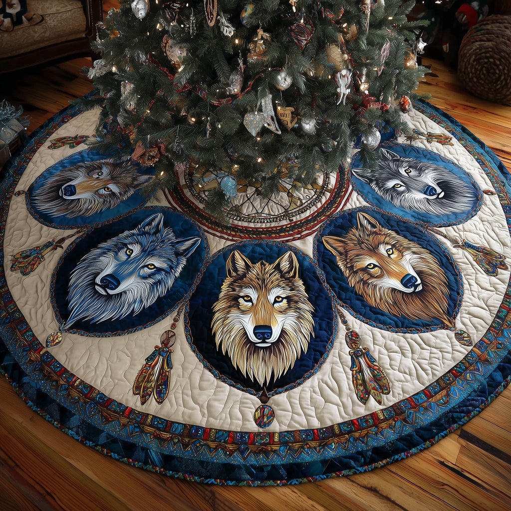 Wolf Portraits in Blue Medallions Christmas Tree Skirt