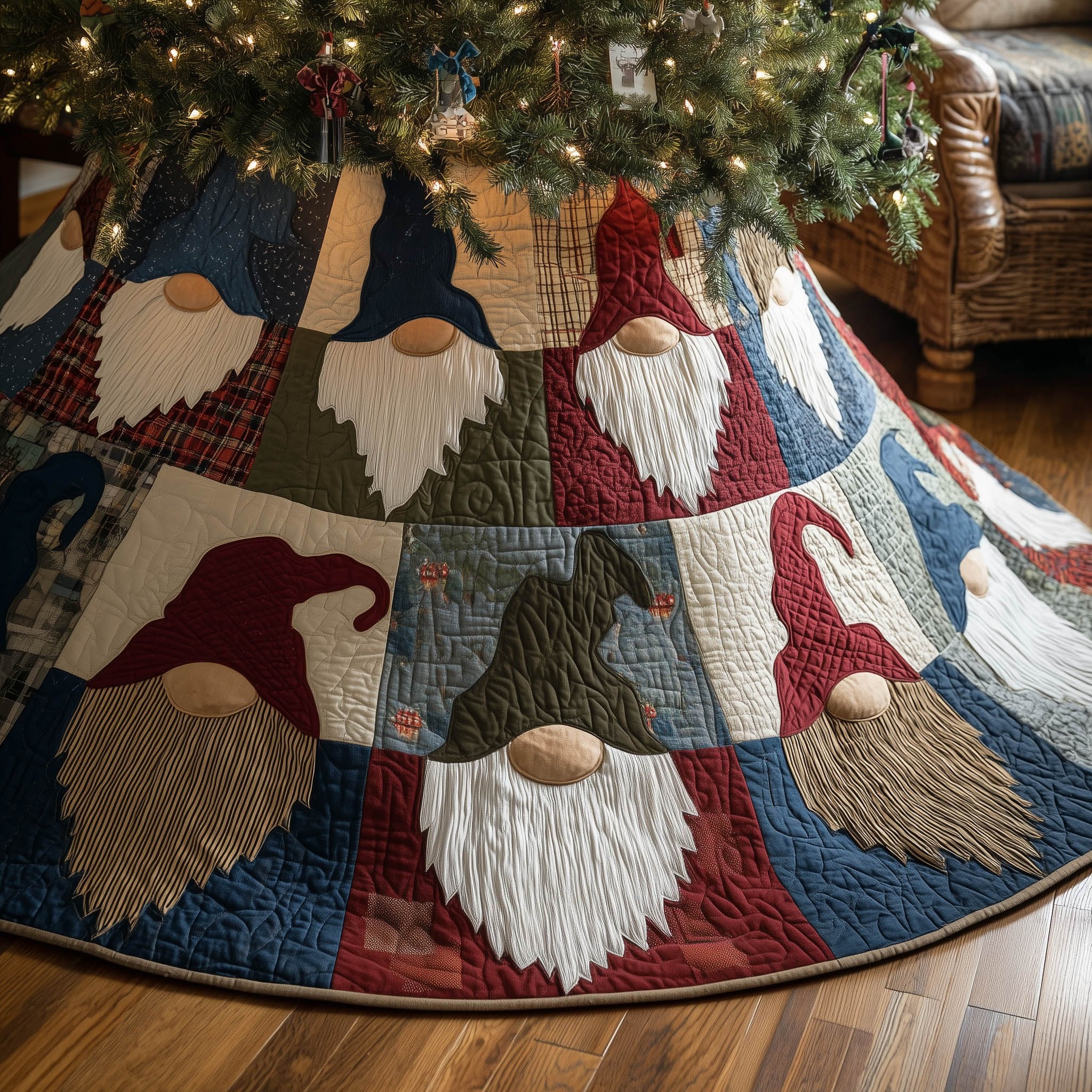 Gnome Faces in Quilt Blocks Christmas Tree Skirt