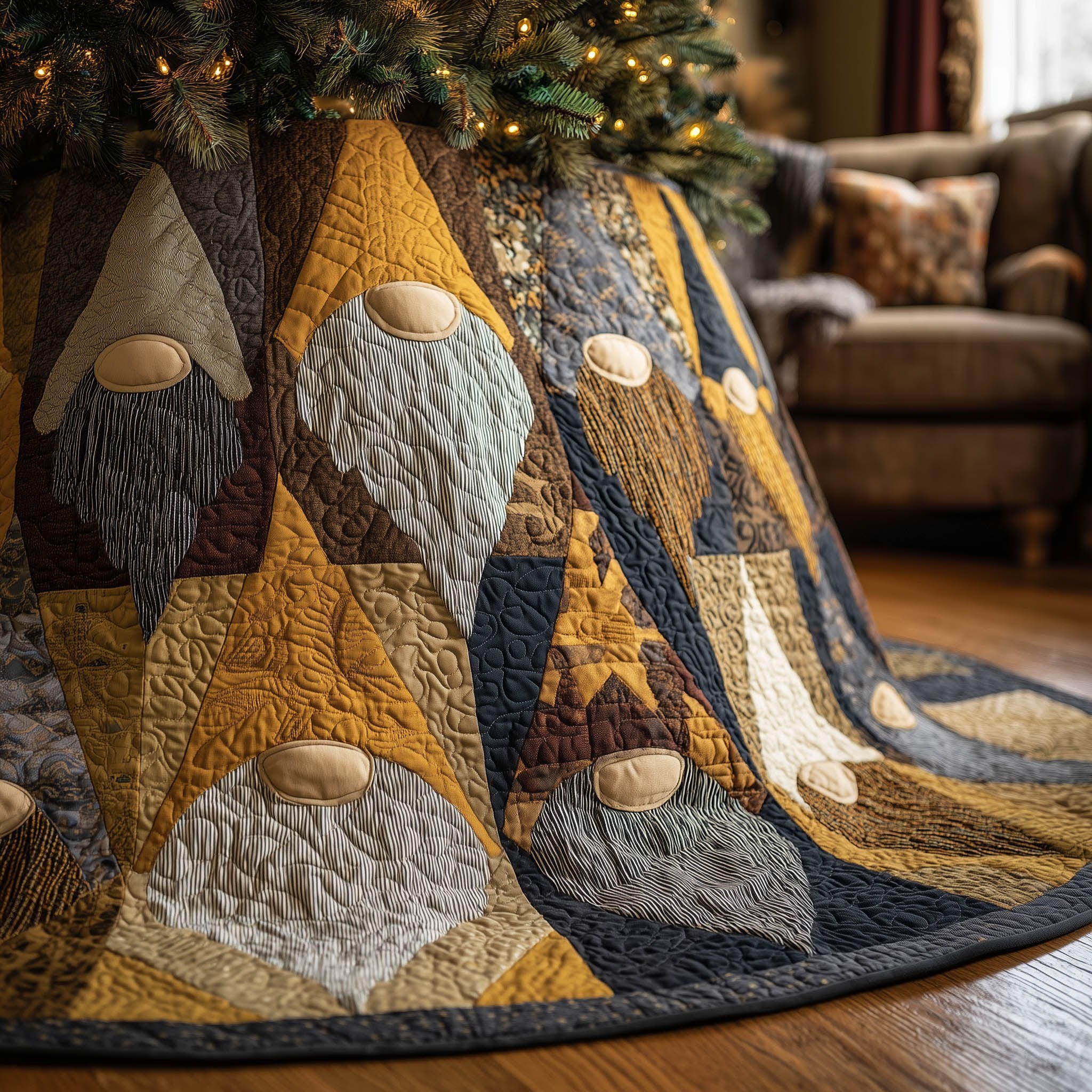 Golden Gnome Patch Spiral Christmas Tree Skirt