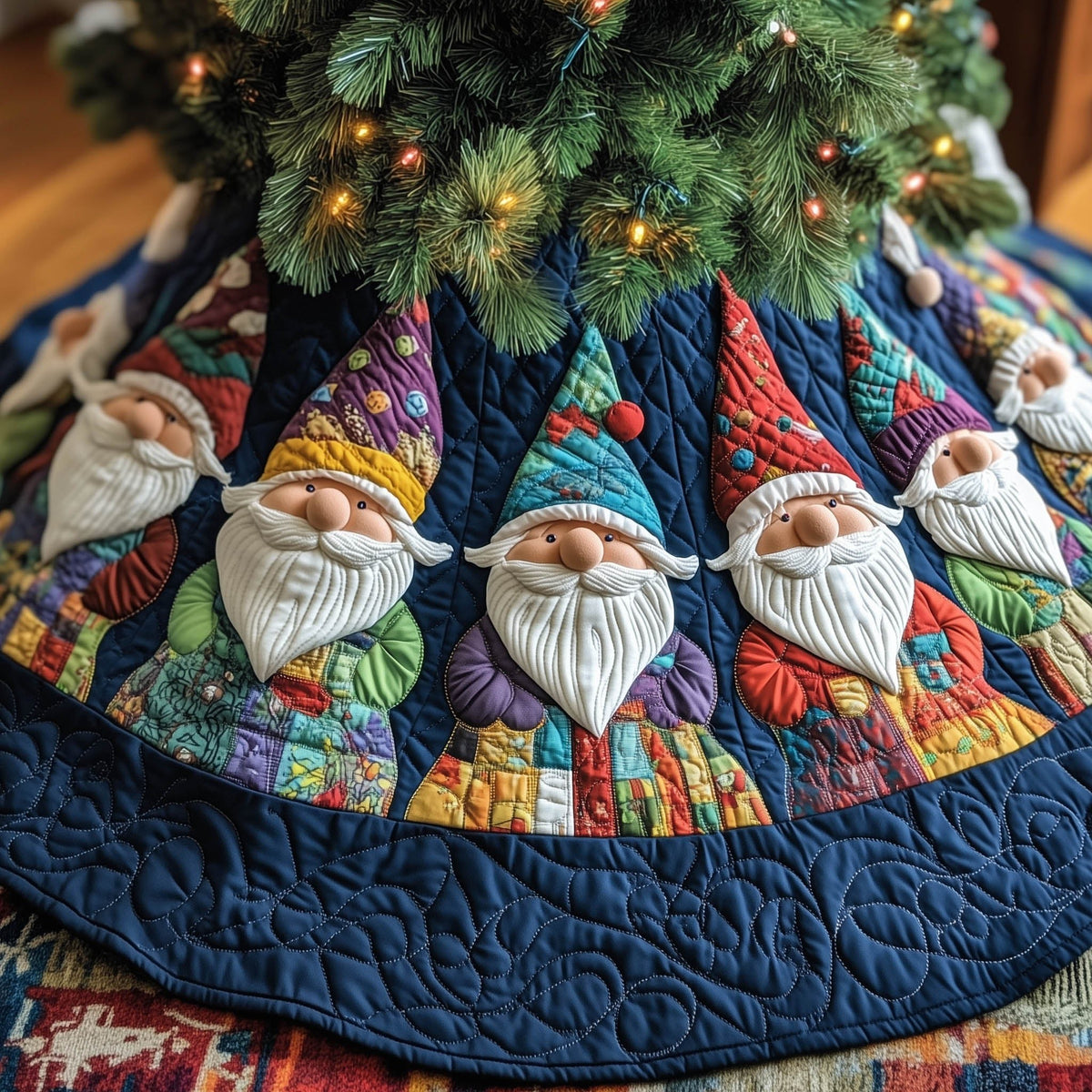 Gnomes in Patchwork Hats on Blue Christmas Tree Skirt