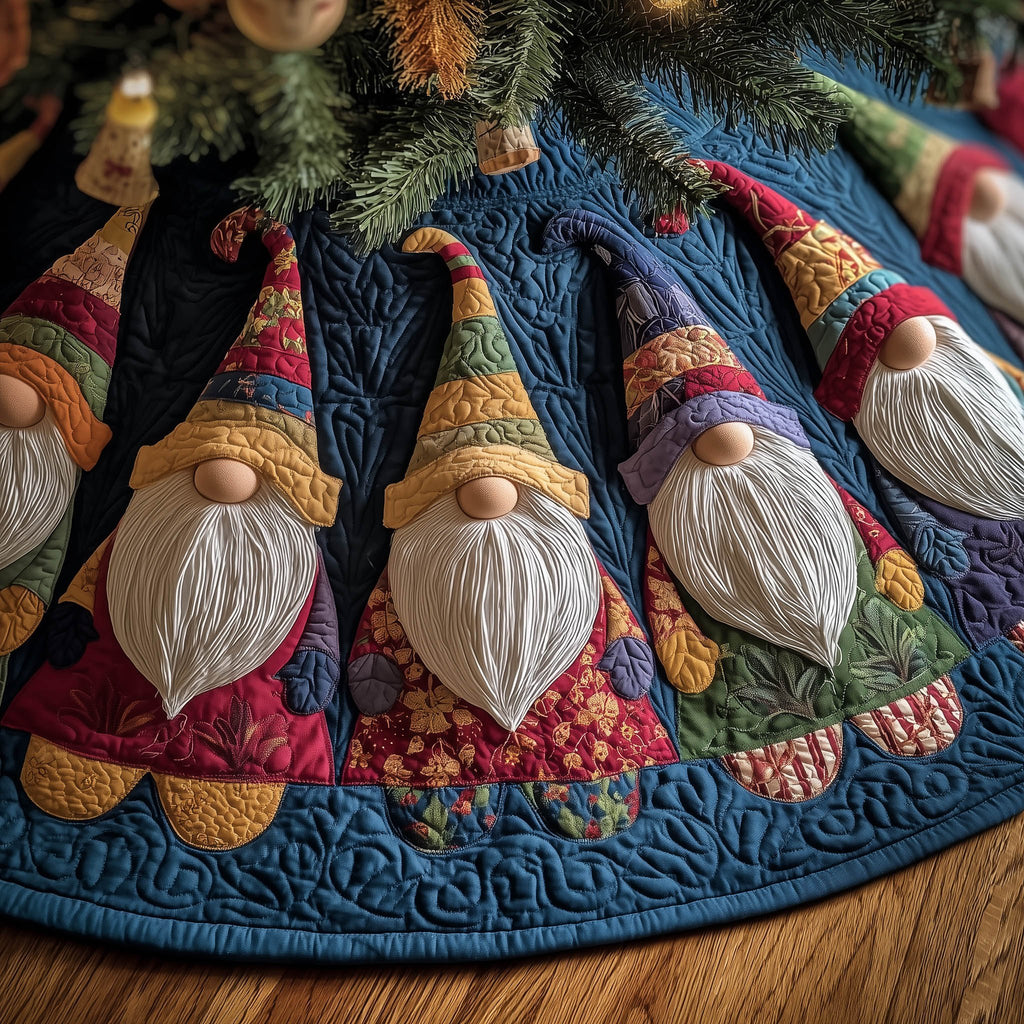 Gnomes with Patterned Hats Blue Border Christmas Tree Skirt