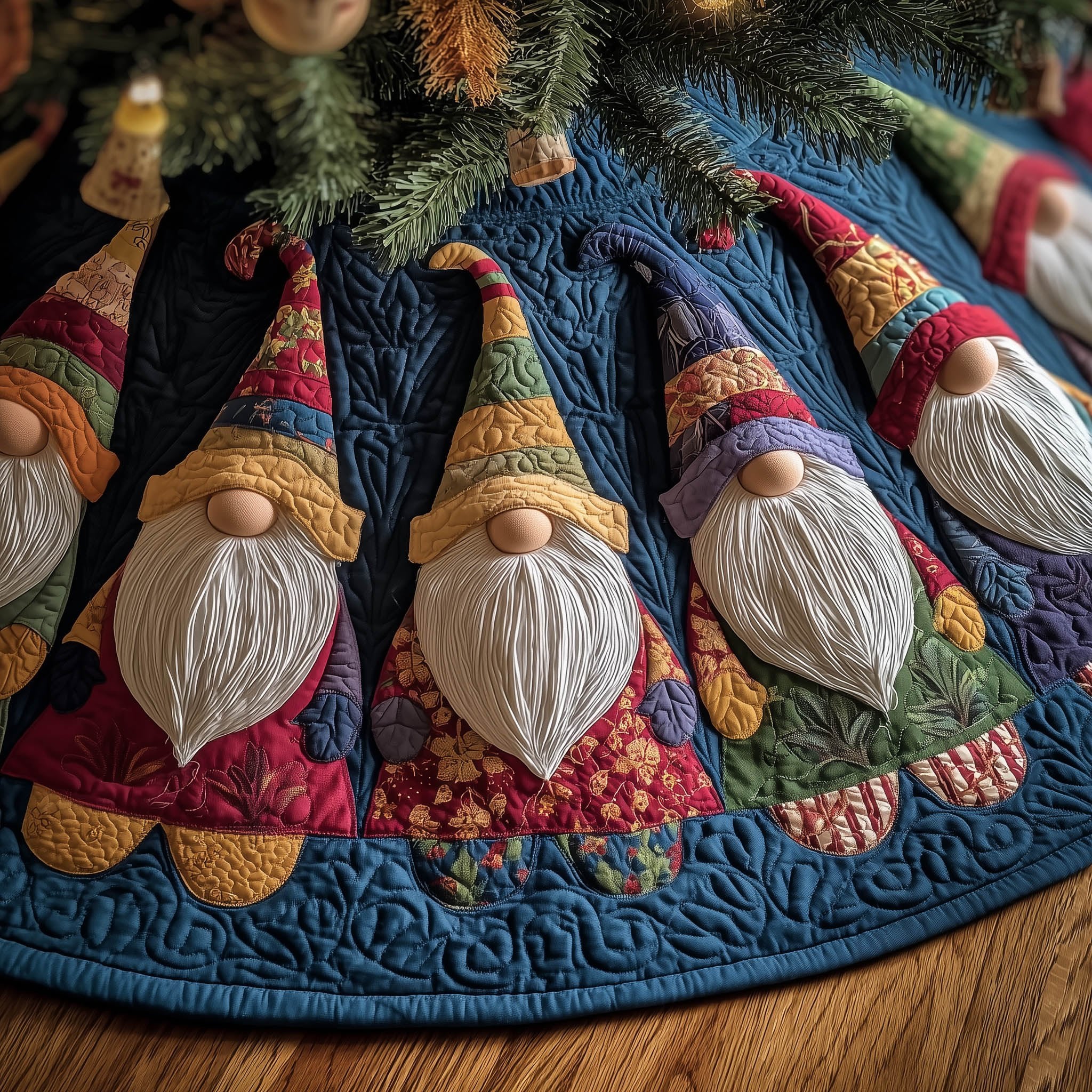 Gnomes with Patterned Hats Blue Border Christmas Tree Skirt