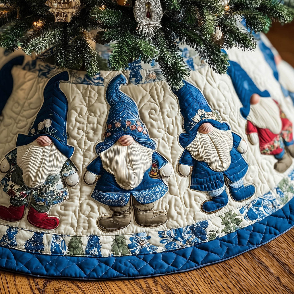 Blue Gnomes on Cream Quilt Christmas Tree Skirt