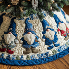 Blue Gnomes on Cream Quilt Christmas Tree Skirt