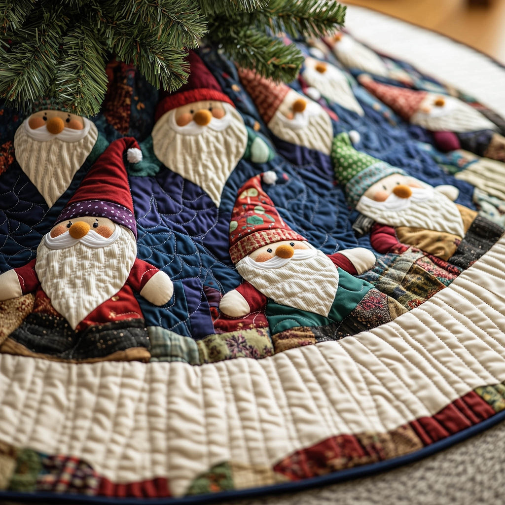 Gnomes on Navy with Cream Border Christmas Tree Skirt